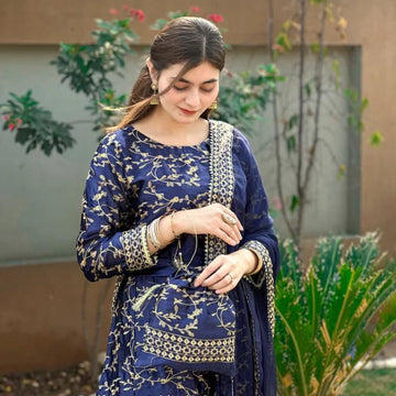 Navy Blue Embroidered Silk Lehenga Choli - 4 Pcs Ensemble