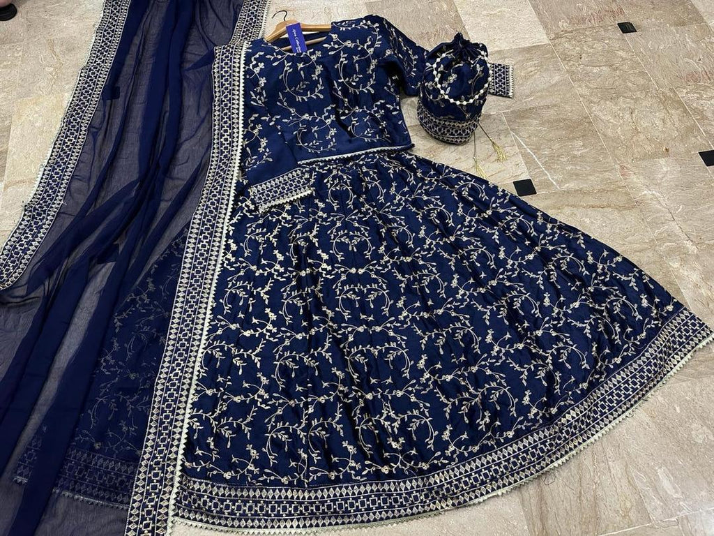 Navy Blue Embroidered Silk Lehenga Choli - 4 Pcs Ensemble
