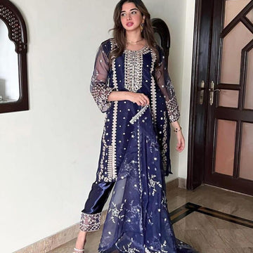 3 Pcs Women's Stitched Fancy Organza Embroidered Suit