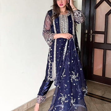 3 Pcs Women's Stitched Fancy Organza Embroidered Suit