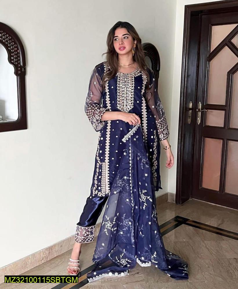 3 Pcs Women's Stitched Fancy Organza Embroidered Suit