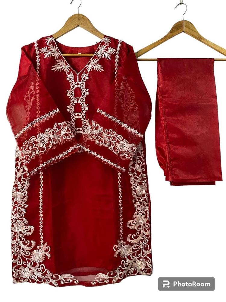 3 Pcs Women's Stitched Fancy Organza Embroidered Suit