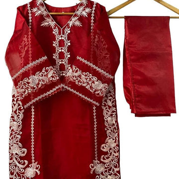 3 Pcs Women's Stitched Fancy Organza Embroidered Suit