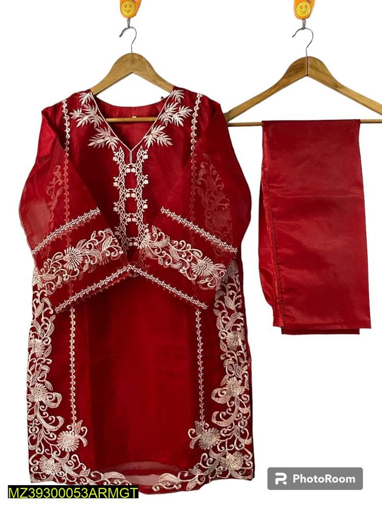 3 Pcs Women's Stitched Fancy Organza Embroidered Suit