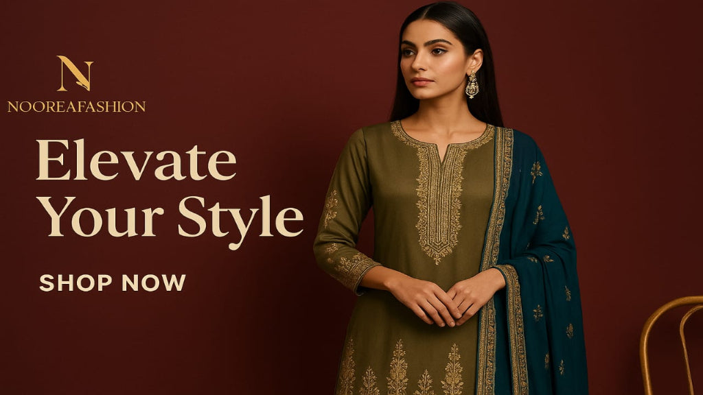 Woman in traditional outfit with 'Nooreefashion' branding and text on a dark red background