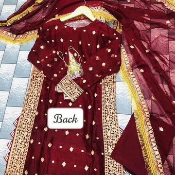 3 Pcs Women’s Stitched Crinkle Chiffon Embroidered Suit