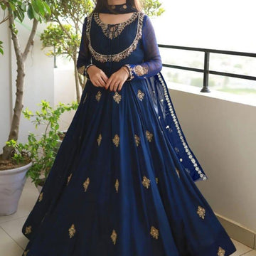 Stylish Blue Embroidered Maxi Suit - 3 Pcs Ensemble