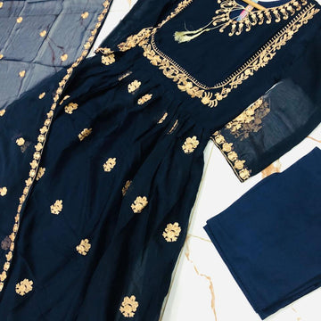 Stylish Blue Embroidered Maxi Suit - 3 Pcs Ensemble