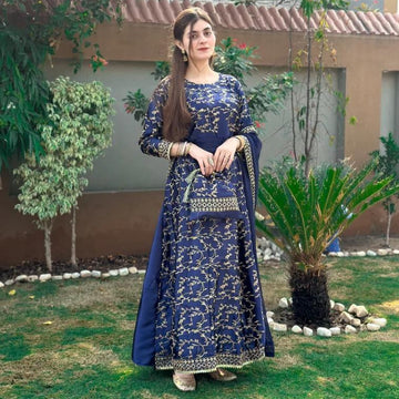 Navy Blue Embroidered Silk Lehenga Choli - 4 Pcs Ensemble