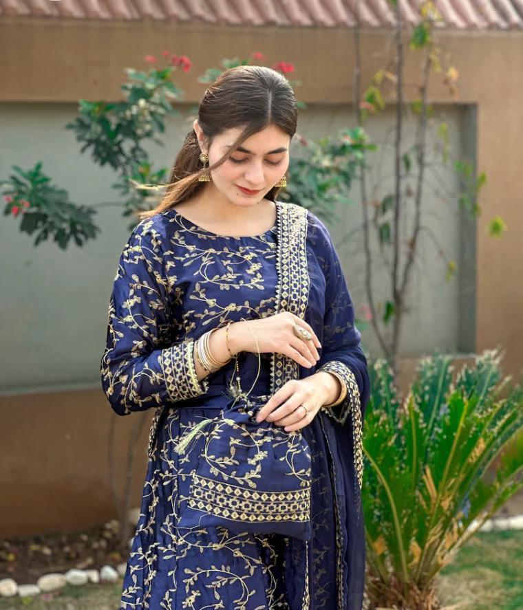 Navy Blue Embroidered Silk Lehenga Choli - 4 Pcs Ensemble