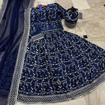 Navy Blue Embroidered Silk Lehenga Choli - 4 Pcs Ensemble