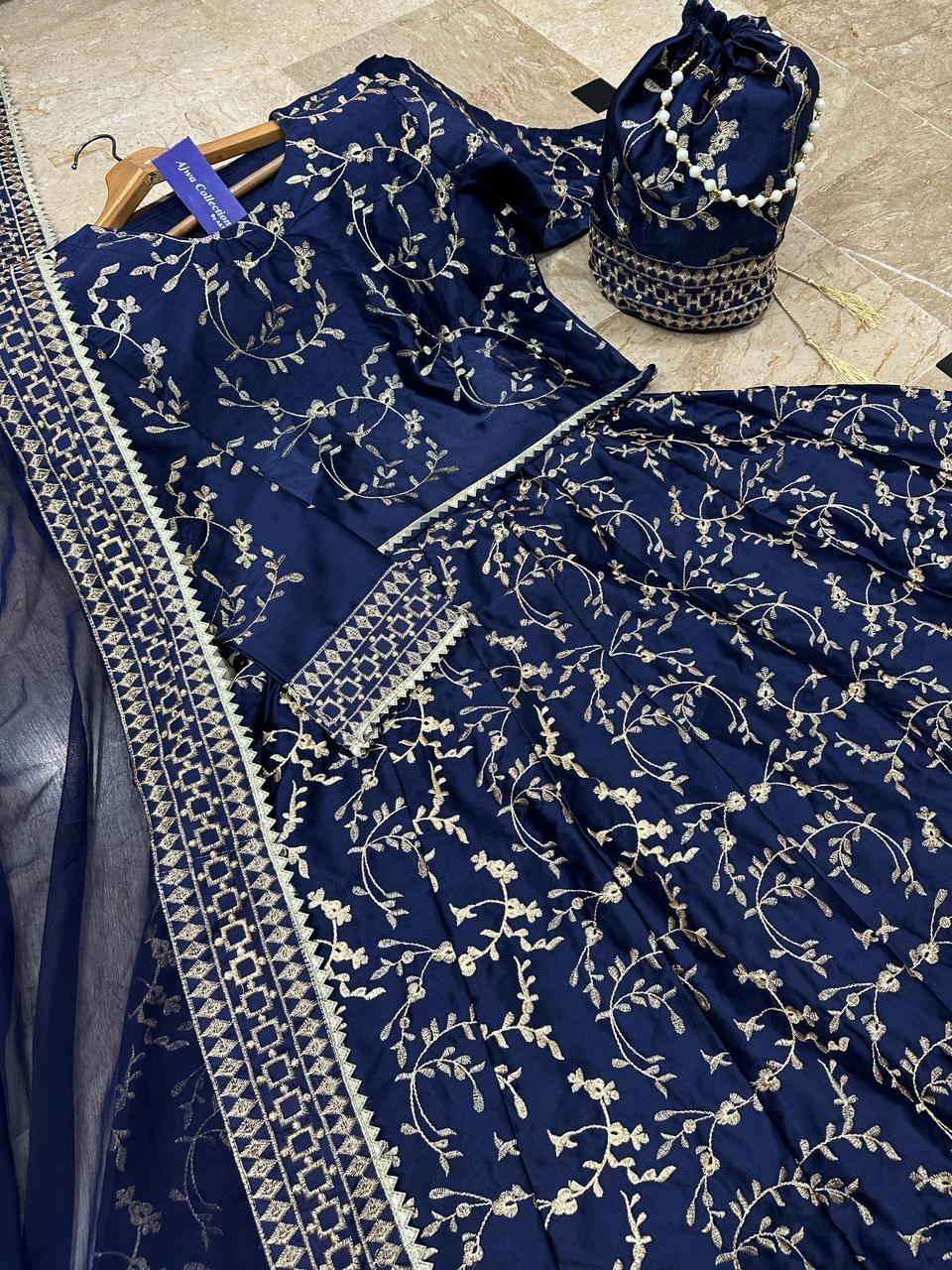 Navy Blue Embroidered Silk Lehenga Choli - 4 Pcs Ensemble