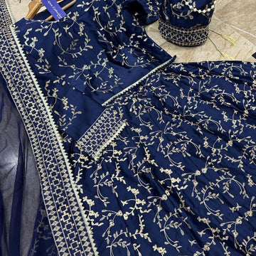 Navy Blue Embroidered Silk Lehenga Choli - 4 Pcs Ensemble