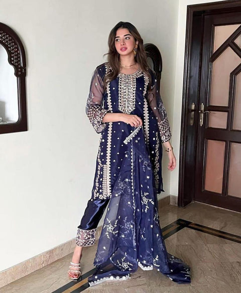 3 Pcs Women's Stitched Fancy Organza Embroidered Suit