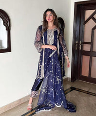3 Pcs Women's Stitched Fancy Organza Embroidered Suit