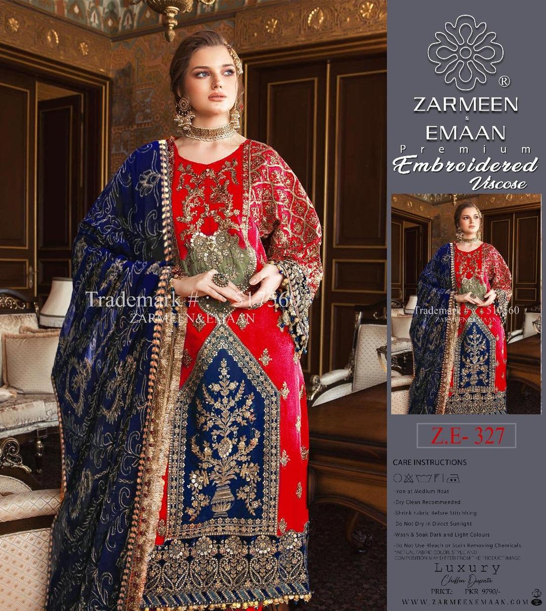Red Embroidered Viscose Suit 3 Pcs