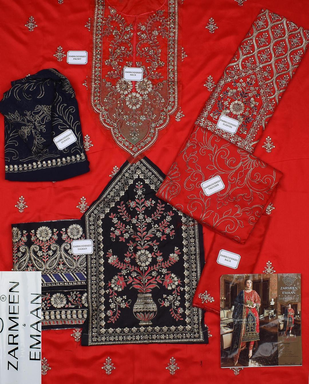 Red Embroidered Viscose Suit 3 Pcs