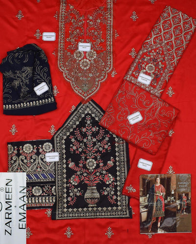 Red Embroidered Viscose Suit 3 Pcs