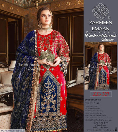 Red Embroidered Viscose Suit 3 Pcs