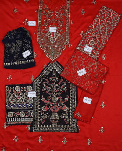 Red Embroidered Viscose Suit 3 Pcs