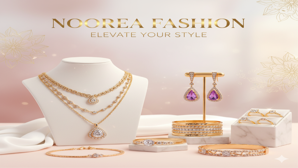 Jewelry set including necklaces, earrings, and bracelets on a mannequin and stand with 'NOOREA FASHION' branding.