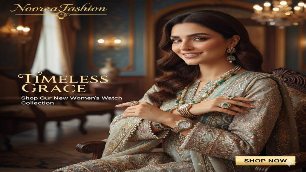 Woman in traditional attire with jewelry and a watch, promotional text for Nooreea Fashion watch collection.